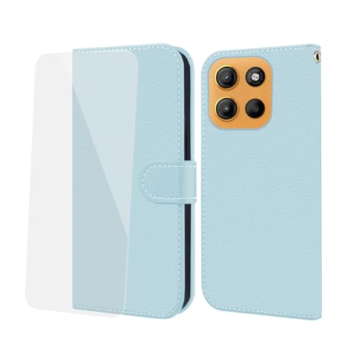 NP-Caser Handyhülle für Motorola Motorola G15 Hülle [mit Panzer Schutz Glas], Premium Lederhülle mit Kartenfächern [Klappbar Flip case] [Standfunktion] Handy Schutzhülle für Motorola G15, Baby blau von NP-Caser