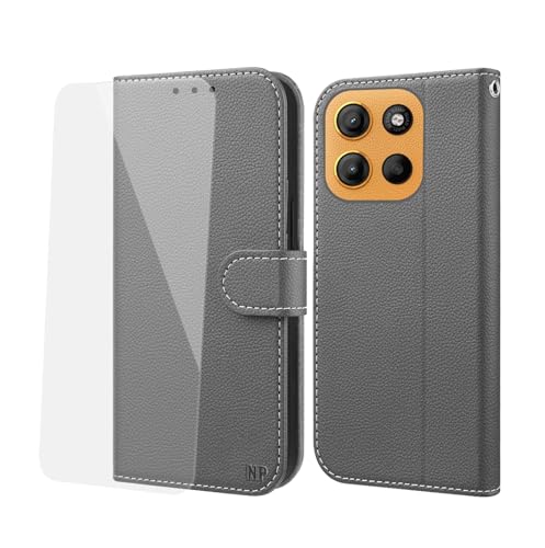 NP-Caser Handyhülle für Motorola Motorola G15 Hülle [mit Panzer Schutz Glas], Premium Lederhülle mit Kartenfächern [Klappbar Flip case] [Standfunktion] Handy Schutzhülle für Motorola G15, Grau von NP-Caser
