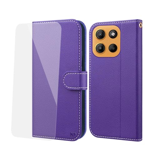 NP-Caser Handyhülle für Motorola Motorola G15 Hülle [mit Panzer Schutz Glas], Premium Lederhülle mit Kartenfächern [Klappbar Flip case] [Standfunktion] Handy Schutzhülle für Motorola G15, Lila von NP-Caser
