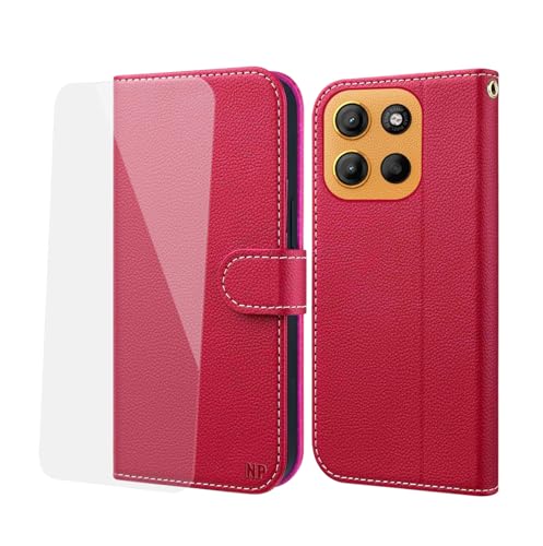 NP-Caser Handyhülle für Motorola Motorola G15 Hülle [mit Panzer Schutz Glas], Premium Lederhülle mit Kartenfächern [Klappbar Flip case] [Standfunktion] Handy Schutzhülle für Motorola G15, Rot von NP-Caser