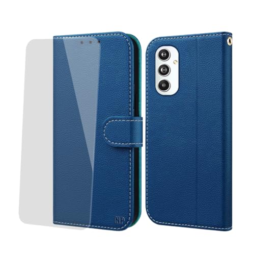 NP-Caser Handyhülle für Samsung Galaxy M35 Hülle [mit Panzer Schutz Glas], Premium Lederhülle mit Kartenfächern [Klappbar Flip case] [Standfunktion] Handy Schutzhülle für Samsung Galaxy M35, Blau von NP-Caser