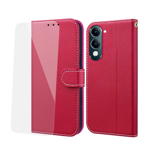 NP-Caser Handyhülle für Vivo Y19 Hülle [mit Panzer Schutz Glas], Premium Lederhülle mit Kartenfächern [Klappbar Flip case] [Standfunktion] Handy Schutzhülle für Vivo Y19, Rot von NP-Caser