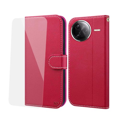 NP-Caser Handyhülle für Xiaomi Poco F7 Pro Hülle [mit Panzer Schutz Glas], Premium Lederhülle mit Kartenfächern [Klappbar Flip case] [Standfunktion] Handy Schutzhülle für Xiaomi Poco F7 Pro, Rot von NP-Caser