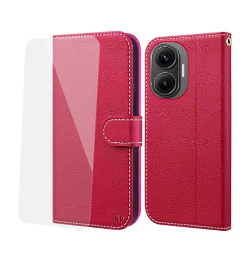 NP-Caser Handyhülle für Xiaomi Redmi Turbo 4 Pro Hülle [mit Panzer Schutz Glas], Premium Lederhülle mit Kartenfächern [Klappbar Flip case] [Standfunktion] Handy Schutzhülle für Redmi Turbo 4 Pro, Rot von NP-Caser