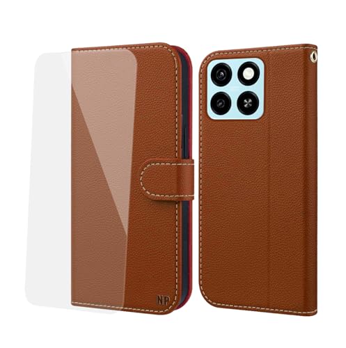 NP-Caser Handyhülle für ZTE Blade A55/ Blade A35 Hülle [mit Panzer Schutz Glas], Premium Lederhülle mit Kartenfächern [Klappbar Flip case] Handy Schutzhülle für ZTE Blade A55/ Blade A35, Braun von NP-Caser