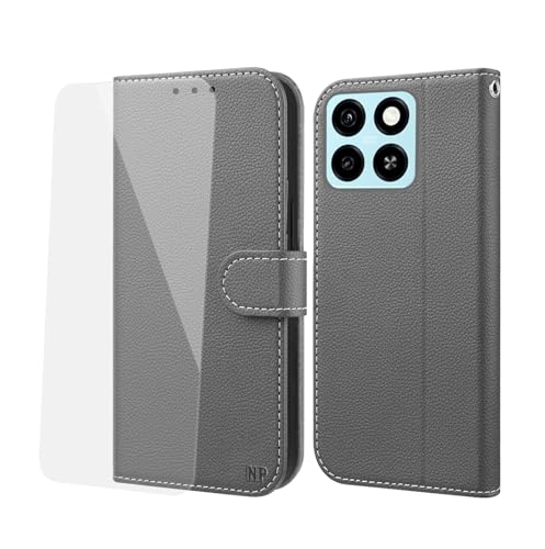 NP-Caser Handyhülle für ZTE Blade A55/ Blade A35 Hülle [mit Panzer Schutz Glas], Premium Lederhülle mit Kartenfächern [Klappbar Flip case] Handy Schutzhülle für ZTE Blade A55/ Blade A35, Grau von NP-Caser