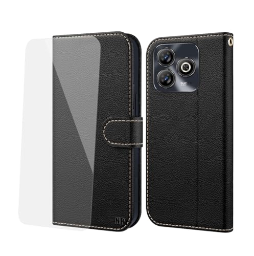 NP-Caser Handyhülle für ZTE Blade A75 4G Hülle [mit Panzer Schutz Glas], Premium Lederhülle mit Kartenfächern [Klappbar Flip case] [Standfunktion] Handy Schutzhülle für ZTE Blade A75 4G, Schwarz von NP-Caser