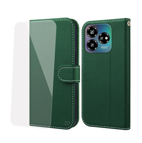 NP-Caser Handyhülle für ZTE Blade V60/ Axon 60 Hülle [mit Panzer Schutz Glas], Premium Lederhülle mit Kartenfächern [Klappbar Flip case] Schutzhülle für ZTE Blade V60/ Axon 60, Grün von NP-Caser