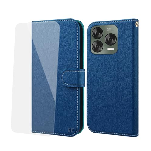 NP-Caser Handyhülle für ZTE Blade V70 Vita Hülle [mit Panzer Schutz Glas], Premium Lederhülle mit Kartenfächern [Klappbar Flip case] [Standfunktion] Handy Schutzhülle für ZTE Blade V70 Vita, Blau von NP-Caser