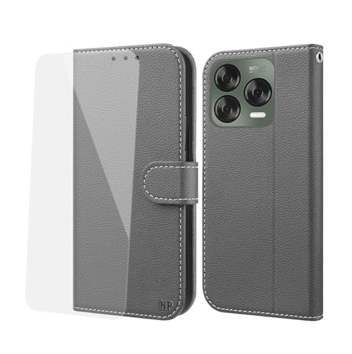 NP-Caser Handyhülle für ZTE Blade V70 Vita Hülle [mit Panzer Schutz Glas], Premium Lederhülle mit Kartenfächern [Klappbar Flip case] [Standfunktion] Handy Schutzhülle für ZTE Blade V70 Vita, Grau von NP-Caser