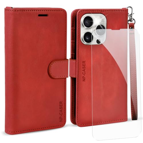 NP-Caser Handyhülle für iPhone 16 Pro Hülle mit Schutzfolie, [RFID Schutzhülle] Standfunktion Kartenfach Wallet Premium Leder Klapphülle Handytasche Flip Case Cover Kompatibel für Apple 16 Pro. Rot von NP-Caser