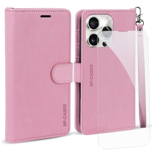 NP-Caser Handyhülle für iPhone 16 Pro Hülle mit Schutzfolie, [RFID Schutzhülle] Standfunktion Kartenfach Wallet Premium Leder Klapphülle Handytasche Flip Case Cover Kompatibel für Apple 16 Pro. Rosa von NP-Caser
