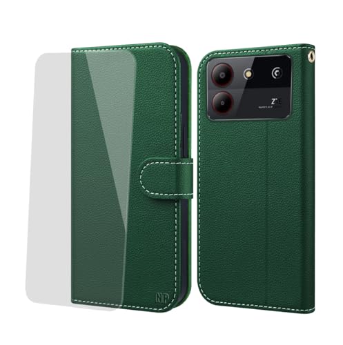 NP-Caser Hülle ZTE Blade A54 Handyhülle [Premium PU Leder][Kartenfach][Weicher TPU-Innencase] klappbar Kompatibel für ZTE Blade A54 Klapphülle Schwarz 6,6 Zoll. Grün von NP-Caser