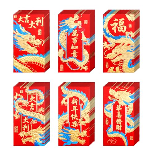 36 Stück Chinesische Rote Umschläge, Jahr des Drachen Hong Bao Glücksgeldumschläge Rote Päckchen für chinesisches Mondjahr Frühlingsfest Geburtstag Party Hochzeit (6 Stile) von NQEUEPN
