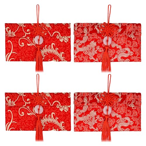 4stk Satinierte Chinesische Rote Umschläge, Exquisite Neujahrs-Glücksgeldumschläge mit Chinesischem Knoten und Jade-Anhänger Mondfrühlingsfest Hong Bao Rote Hochzeitstasche von NQEUEPN