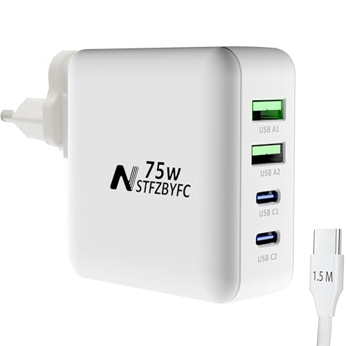 NSTFZBYFC USB C Ladegerät, 75 W USB C Multiport Ladegerät, Schnellladegerät Netzteil mit GaN III Technologie für iPhone 15 14 13 Pro, MacBook Pro/Air, iPad, Galaxy (add 75 W Kabel) mi Withe von NSTFZBYFC