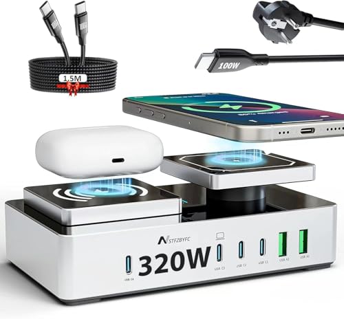 USB C Ladegerät, 320W 8 in 1 USB C Ladestation, 2 Wireless Charger + 6 Bissen Netzteil USBC Schnellladegerät Ladestation für MacBook Pro/Air,/iPhone 16/15/ iPad Pro/Galaxy/iWatch (Dunkelgrau) von NSTFZBYFC