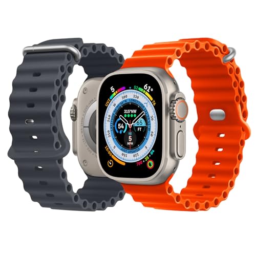 NUKELOLO 2 Stück Ocean Armband Kompatibel mit Apple Watch Ultra 49mm 45mm 44mm 42mm 41mm 40mm 38mm, Silikon Sport Armband für iwatch Serie Ultra 8 7 6 5 4 SE (Mitternachts blau/Orange, 49/45/44mm) von NUKELOLO