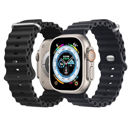 NUKELOLO 2 Stück Ocean Armband Kompatibel mit Apple Watch Ultra 49mm 46mm 45mm 44mm 42mm, Silikon Sport Armband für iwatch Series 10 Ultra 9 8 7 6 5 4 3 2 1 SE, Schwarz/Mitternachts blau von NUKELOLO