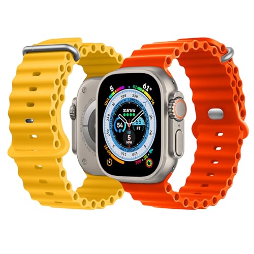 NUKELOLO 2 Stück Ocean Armband Kompatibel mit Apple Watch Ultra 49mm 46mm 45mm 44mm 42mm 41mm 40mm 38mm, Soft Silikon Sport Armband für iwatch Series 10 Ultra 9 8 7 6 5 4 3 2 1 SE, Gelb/Orange von NUKELOLO