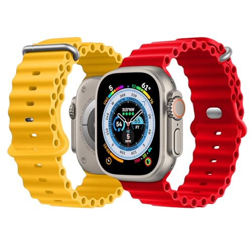 NUKELOLO 2 Stück Ocean Armband Kompatibel mit Apple Watch Ultra 49mm 46mm 45mm 44mm 42mm 41mm 40mm 38mm, Soft Silikon Sport Armband für iwatch Series 10 Ultra 9 8 7 6 5 4 3 2 1 SE, Gelb/Rot von NUKELOLO