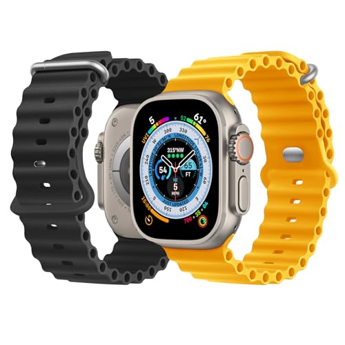 NUKELOLO 2 Stück Ocean Armband Kompatibel mit Apple Watch Ultra 49mm 45mm 44mm 42mm 41mm 40mm 38mm, Soft Silikon Sport Armband für iwatch Serie Ultra 8 7 6 5 4 SE (Schwarz/Gelb, 49/45/44mm) von NUKELOLO