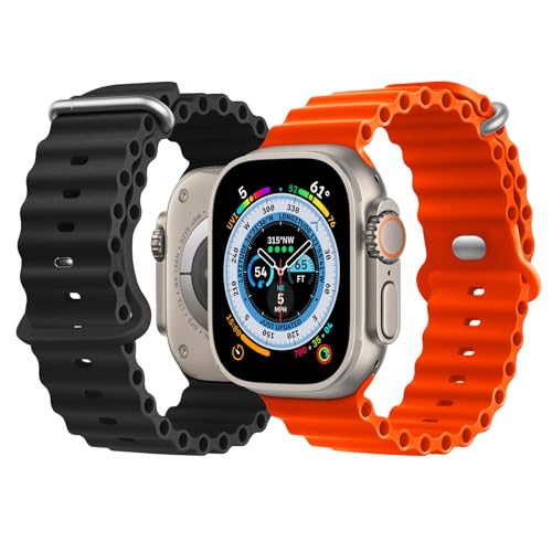 NUKELOLO 2 Stück Ocean Armband Kompatibel mit Apple Watch Ultra 49mm 46mm 45mm 44mm 42mm 41mm 40mm 38mm, Soft Silikon Sport Armband für iWatch Series 10 Ultra 9 8 7 6 5 4 3 2 1 SE, Schwarz/Orange von NUKELOLO