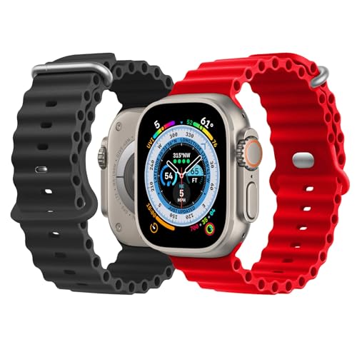 NUKELOLO 2 Stück Ocean Armband Kompatibel mit Apple Watch Ultra 49mm 46mm 45mm 44mm 42mm 41mm 40mm 38mm, Soft Silikon Sport Armband für iwatch Series 10 Ultra 9 8 7 6 5 4 3 2 1 SE, Schwarz/Rot von NUKELOLO