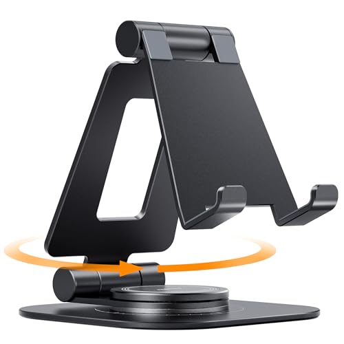 NULAXY Drehbarer Handy Ständer, Geeignet für Dicke Hüllen Verstellbar Faltbar Handy Halterung Smartphone Halter Tisch Zubehör Kompatibel mit iPhone 16 15 14 13 12 11 X Xr, Allen Geräten 4–8", Schwarz von Nulaxy