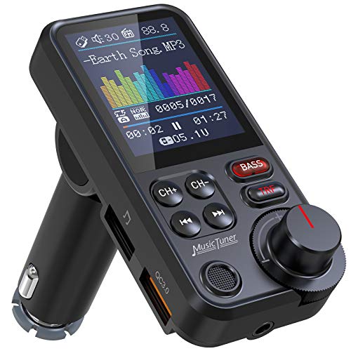 Nulaxy Bluetooth Adapter Auto, Starkes Mikrofon FM Transmitter Auto Bluetooth mit 1,8-Zoll-Farbbildschirm für Freisprechanrufe, unterstützt QC3.0-Lade-, Höhen- und Bassmusik-Player - KM30 von NULAXY