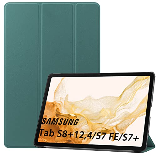 NUPO Hülle für Samsung Galaxy Tab S8+ Plus 5G 12,4 Zoll 2022 (SM-X800/X806)/Tab S7 FE 12,4 2021/Tab S7+ Plus (T970/T975/T976) 2020, Cover Schutzhülle PU Flip Hülle mit Standfunktion, Dunkelgrün von NUPO