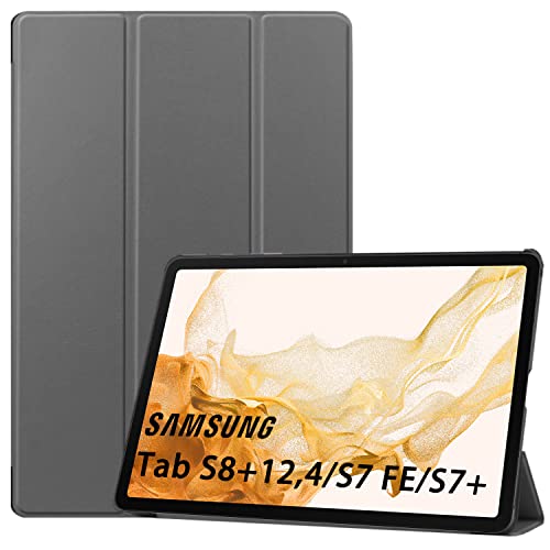 NUPO Hülle für Samsung Galaxy Tab S8+ Plus 5G 12,4 Zoll 2022 (SM-X800/X806)/Tab S7 FE 12,4 2021/Tab S7+ Plus (T970/T975/T976) 2020, Cover Schutzhülle PU Flip Hülle mit Standfunktion, Grau von NUPO