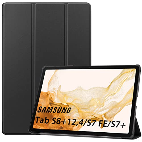 NUPO Hülle für Samsung Galaxy Tab S8+ Plus 5G 12,4 Zoll 2022 (SM-X800/X806)/Tab S7 FE 12,4 2021/Tab S7+ Plus (T970/T975/T976) 2020, Cover Schutzhülle PU Flip Hülle mit Standfunktion, Schwarz von NUPO