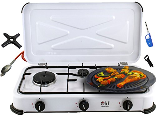 Campingkocher 3 flammig Gaskocher Gasgrill 4,25 KW mit Deckel Gasherd Kochfeld + Grillplatte + Phönix Gasherdkreuz + Gasschlauch-Regler Set von NURGAS/ NJ