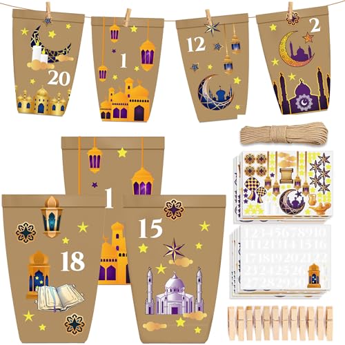 Ramadan Kalender mit Süßigkeiten, 30 Ramadan adventskalender Eid Mubarak DIY Kalender Kraftpapiertüten zum Befüllen mit Aufklebern und Klammern - Ramadan Geschenktüten von NVTRSD