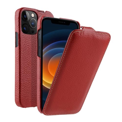 NVYRO Leder-Klapphülle für iPhone 12 Pro Max 12Pro 12 Mini, vertikale offene Handyhülle aus echtem Rindsleder, rot, für iPhone 12Pro von NVYRO