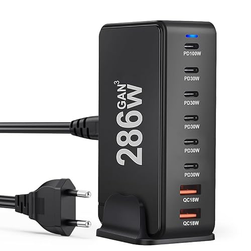 USB C Ladegerät: 286W 8-Port USB Netzteil Adapter Mehrfach Ladegerät mit 6 USB-C und 2 USB-A, Schnellladegerät PD 3.0 Charger Power Netzteil für MacBook, Laptop, iPhone, iPad, Samsung von NXPGKEA