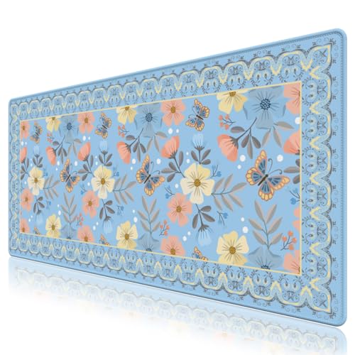 Blaue Schreibtischunterlage mit Blumenmuster, große Schreibtischunterlage für den Schreibtisch, niedliche Schreibtischunterlage, XXL-Mauspad für den Schreibtisch, rutschfestes Mauspad mit genähten von NXZGO