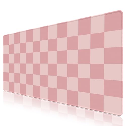 Mauspad mit kariertem Muster, großes Gaming-Mauspad mit genähten Kanten, wasserdichte Gummiunterseite, Mauspad für Büro, Computer, Tastatur, Laptop, Heimdekoration, Damen (90 x 44 cm), Pastellrosa von NXZGO
