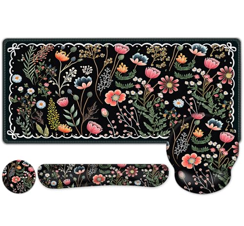 Schreibtischunterlage mit Blumenmotiv, 4-in-1 großes Mauspad mit Handgelenkauflage, Schreibtischunterlage für Schreibtisch, Schreibtischunterlage, rutschfest, XXL, Computer, ergonomisches Mauspad mit von NXZGO