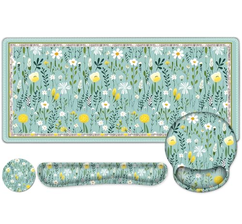 Schreibtischunterlage mit Blumenmuster, 4-in-1 großes Mauspad mit Handballenauflage, Schreibtischunterlage für Schreibtisch, Schreibtischunterlage, rutschfest, XXL, Computer, ergonomisches Mauspad mit von NXZGO