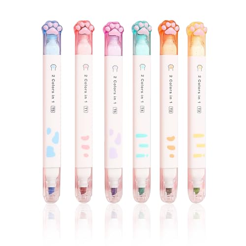 NYGGTYK 6 Stück Textmarker, Kawaii-Schulbedarf, Stempelstifte, Textmarker mit doppelten Enden, Schulbedarf, Textmarker im Tier-Design, Textmarker im Katzen-Design, ideal für Büro, Tagebuchbedarf von NYGGTYK