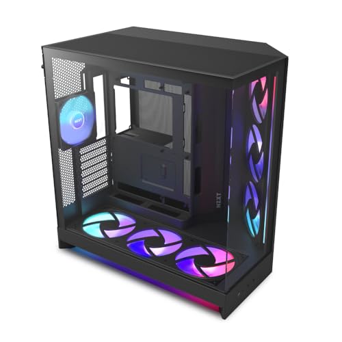 NZXT H9 Flow RGB+ (2025) – Großes Dual-Kammer ATX Mid-Tower Airflow PC-Gehäuse – Enthält 7 RGB-Lüfter (6 x 140mm, 1 x 120mm) und Steuerungshub – 420mm Radiatorunterstützung – Schwarz von NZXT