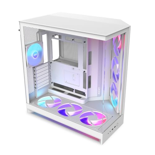 NZXT H9 Flow RGB+ (2025) – Großes Dual-Kammer ATX Mid-Tower Airflow PC-Gehäuse – Enthält 7 RGB-Lüfter (6 x 140mm, 1 x 120mm) und Steuerungshub – 420mm Radiatorunterstützung – Weiß von NZXT