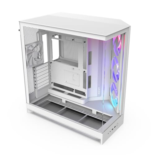NZXT H9 Flow RGB (2025) – Großes Dual-Kammer ATX Mid-Tower Airflow PC-Gehäuse – Enthält 1 x 420mm RGB-Lüftereinheit & 1 x 120mm Lüfter – 420mm Radiatorunterstützung – Gehärtetes Glas – Weiß von NZXT