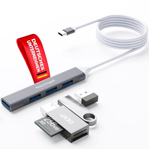 NACHTIGALL USB C Hub 3.0, USB C Adapter 4 Port Ultra Flacher Aluminium Verteiler 1x USB 3.0, 3X USB 2.0 Splitter Multiport Dockingstation für PS5, Xbox, MacBook, Laptop, Apple, PC - Mit 80 cm Kabel von Nachtigall