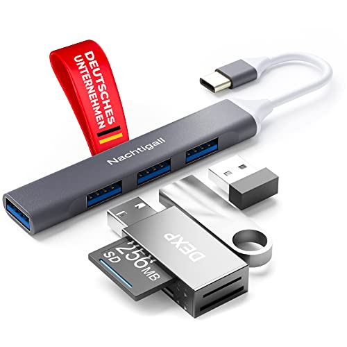 NACHTIGALL USB C Hub 3.0, USB C Adapter 4 Port Ultra Flacher Aluminium Verteiler 1x USB 3.0, 3X USB 2.0 Splitter Multiport Dockingstation mit Kabel für PS5, Xbox, MacBook, Laptop, Apple, Android, PC von Nachtigall