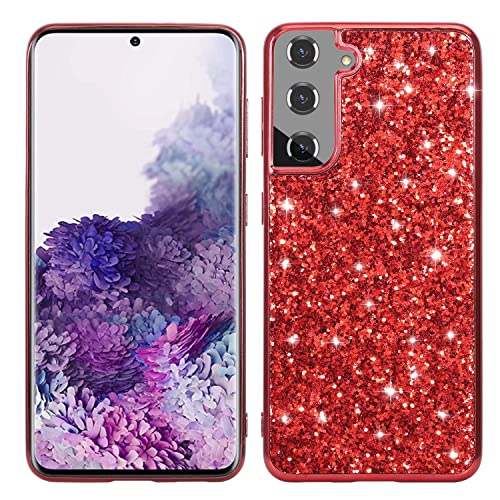 Nadoli Glitzer Hülle für Samsung Galaxy S22 Rot Glänzend Funkelnd Bling Galvanisier Rahmen Ultradünne Stoßfest Rückseite Tasche Handyhülle Schutzhülle von Nadoli