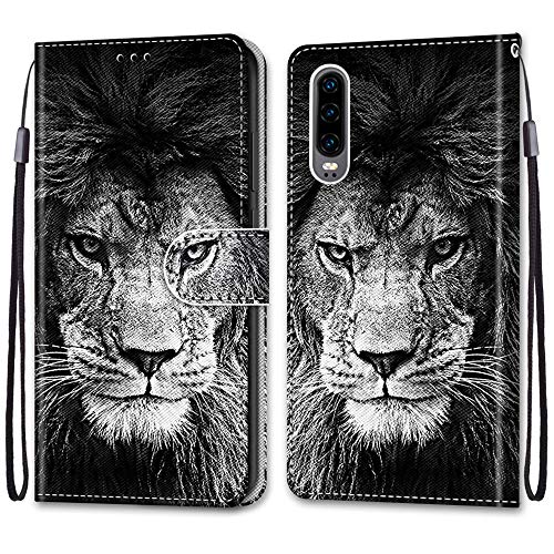 Nadoli Handyhülle Leder für Huawei P30,Bunt Bemalt Cool Schwarz Weiß Löwe Trageschlaufe Kartenfach Magnet Ständer Schutzhülle Brieftasche Ledertasche Tasche Etui von Nadoli