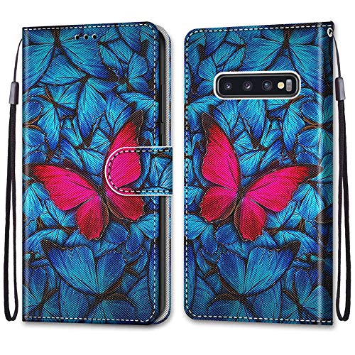 Nadoli Handyhülle Leder für Samsung Galaxy S10 Plus,Bunt Bemalt Blau Rot Schmetterling Trageschlaufe Kartenfach Magnet Ständer Schutzhülle Brieftasche Ledertasche Tasche Etui von Nadoli